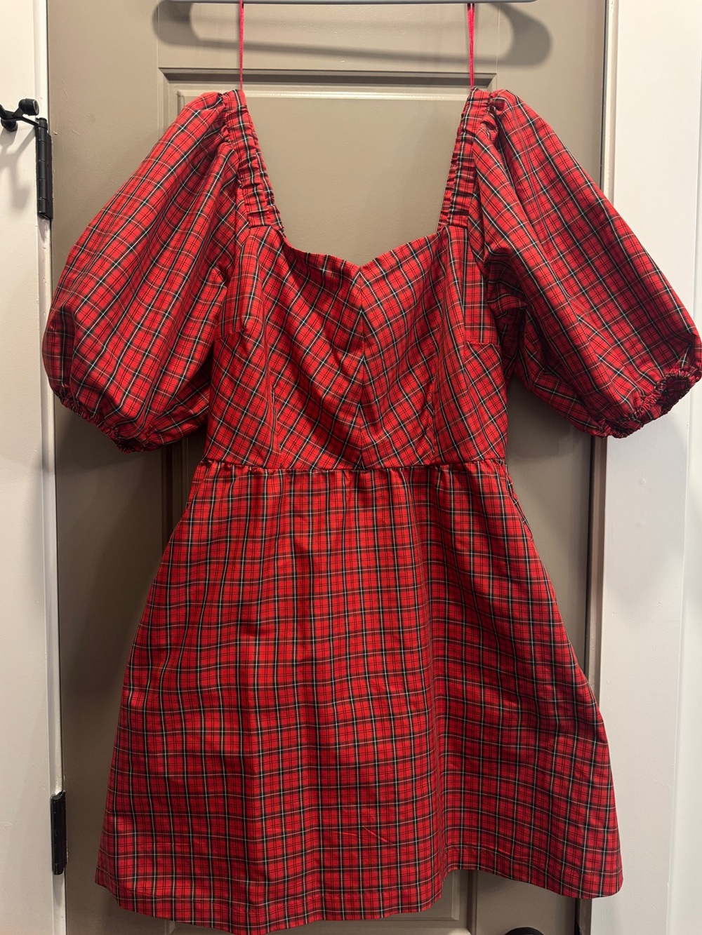 Red Plaid Puff Sleeve Mini Dress